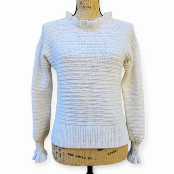 Madewell Ruffle-Neck Light Beige Sweater In Cotton-Merino Yarn, Size XS - Picture 3 of 7